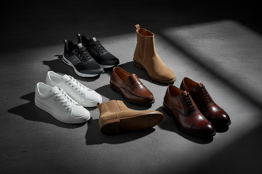 Top 5 must-have men's shoes including sneakers, loafers, Chelsea boots, and Oxford dress shoes by Soliox