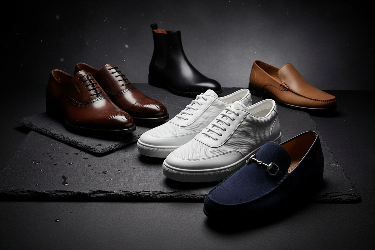 Premium men's shoes collection featuring leather dress shoes, sneakers, and loafers by Soliox